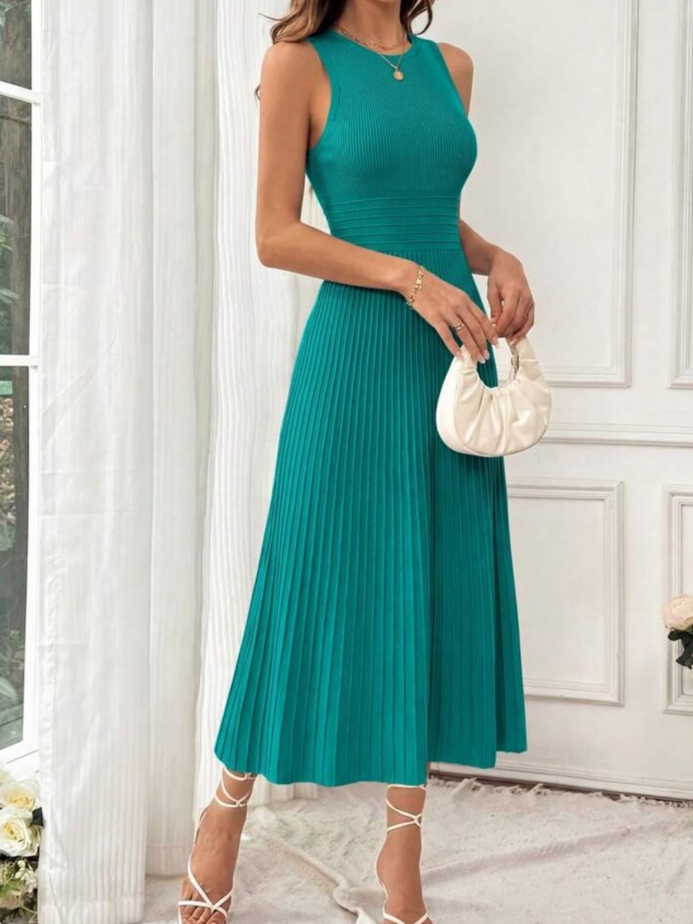 Sleeveless Pleated Midi Dress in Blue Green
